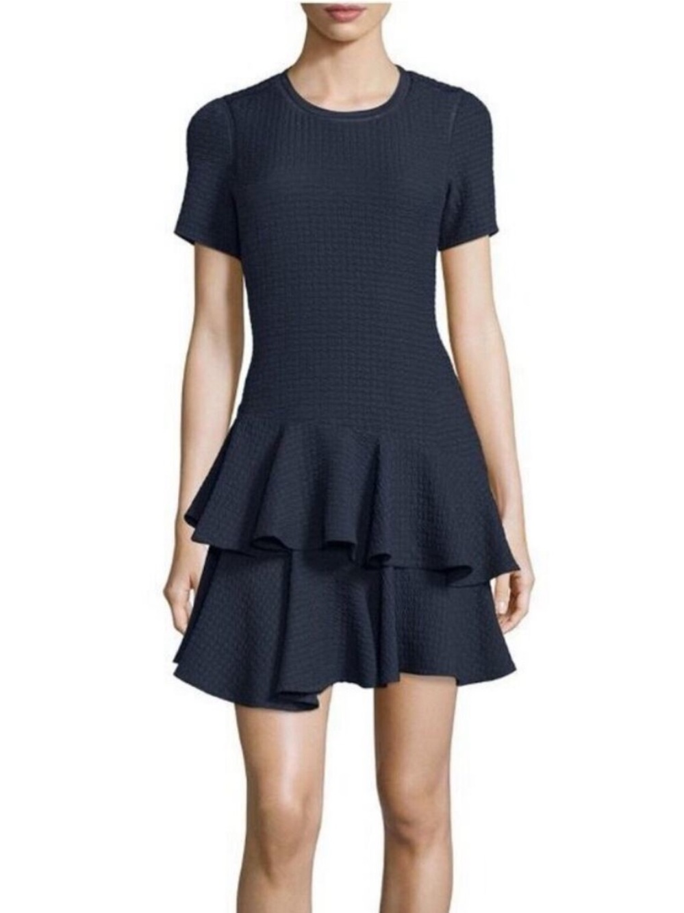 Rebecca Taylor Navy Textured Drop-Waist Ruffle Dress Size 12